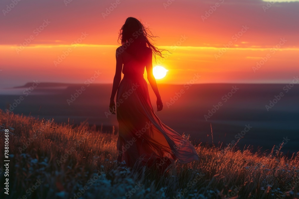 Woman in flowing dress at sunset over a golden field Woman in flowing dress at sunset over a golden field