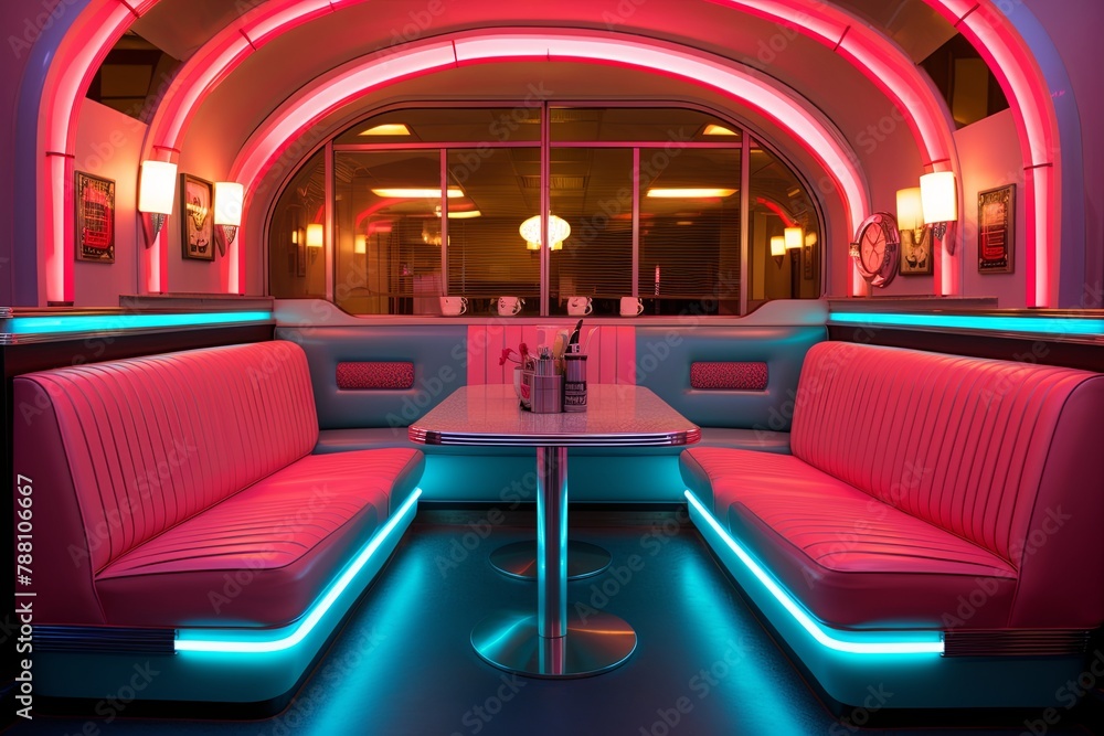 Neon Nostalgia: 50s Drive-In Diner Style Living Room Ideas with Booth Seating