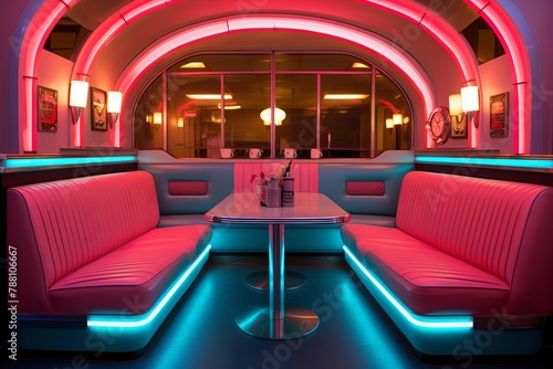 Neon Nostalgia  50s Drive-In Diner Style Living Room Ideas with Booth Seating