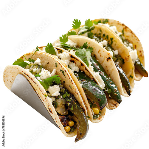 Front view of Tacos de Rajas con Crema with Mexican roasted poblano tacos, featuring strips of roasted poblano peppers cooked with onions, corn, and cream, isolated on white transparent background photo