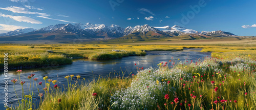 Green wide beautiful landscape with big calm river lake and various flower fields with blue cloudy sky mountains snowy peaks background created with Generative AI Technology
