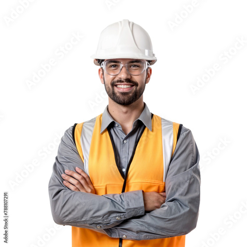 Builder portrait, man with crossed arms and smile, architect or engineer in the construction industry on a transparent background. Happy male contractor, layout and professional builder wearing white 