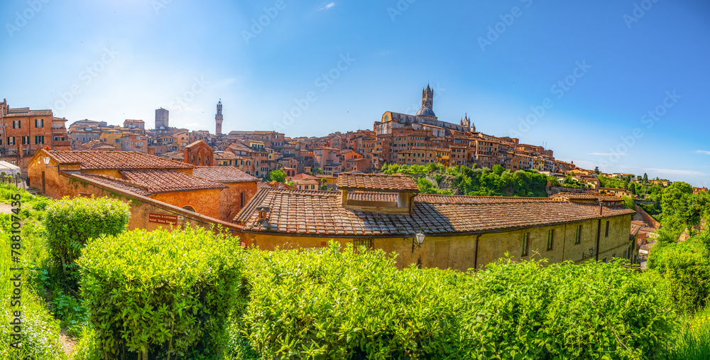 Naklejka premium Siena, medieval town in Tuscany, with view of the Dome & Bell Tower of Siena Cathedral, Mangia Tower and Basilica of San Domenico, Italy