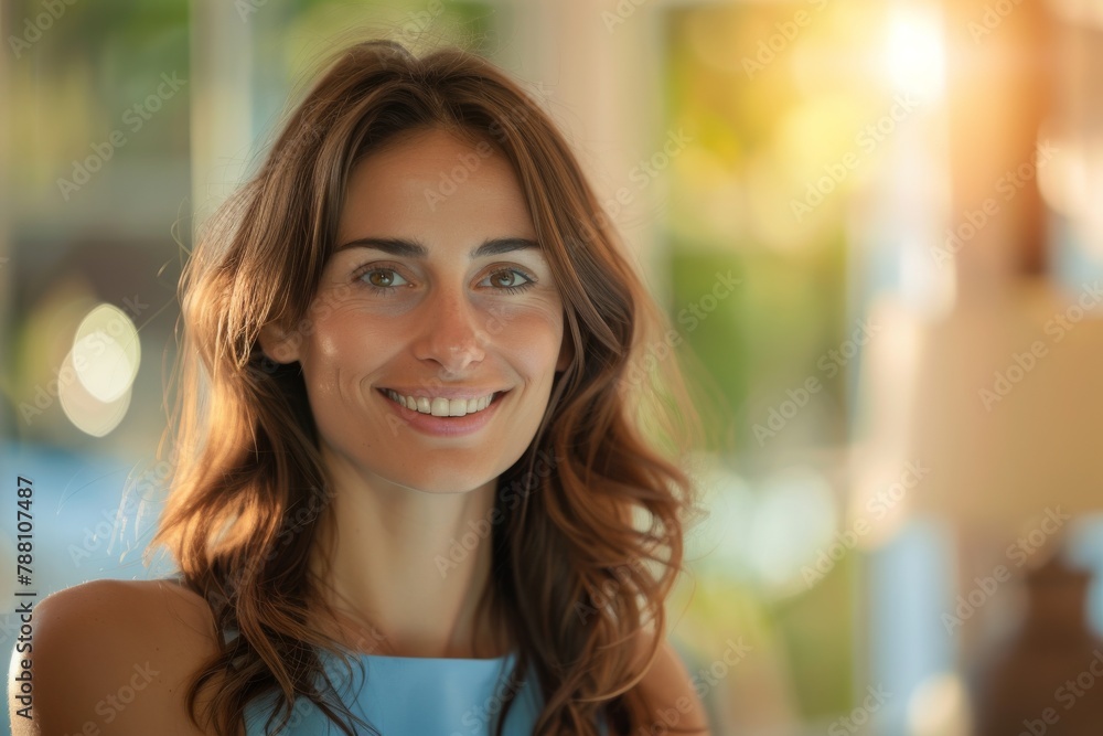 Fototapeta premium A smiling woman in a sleeveless top with a warm, inviting cafe ambiance in the background, portraying friendliness and a relaxed lifestyle