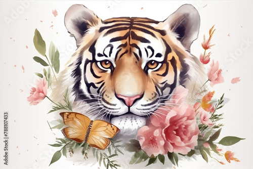 Postcard tiger with flowers