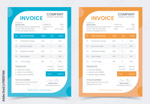 Minimal professional corporate colorful business invoice template design, bill form business invoice accounting, stationery design payment agreement design template vector illustration.