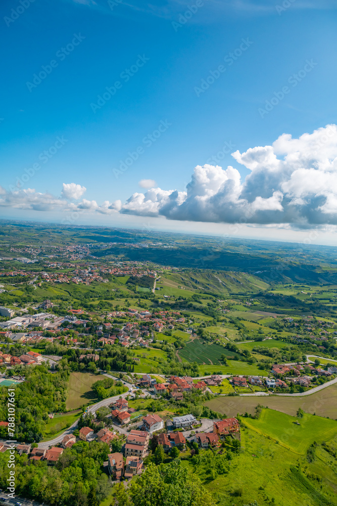 San Marino city view. Fortress on the rock. San Marino landmark. Italy. San Marino city view. Fortress on the rock. San Marino landmark. Italy.
