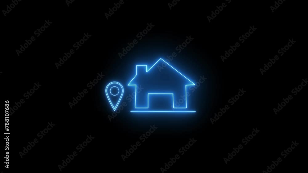 Glowing neon location icon and directional looking place sign animation on black background. Glowing neon location icon and directional looking place sign animation on black background.