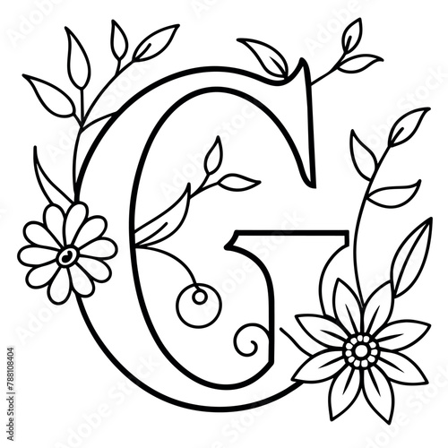 Alphabet G coloring page with the flower, G letter digital outline floral coloring page, ABC coloring page