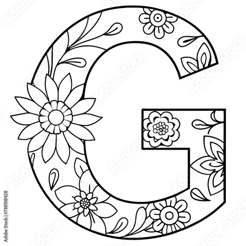 Alphabet G coloring page with the flower, G letter digital outline floral coloring page, ABC coloring page