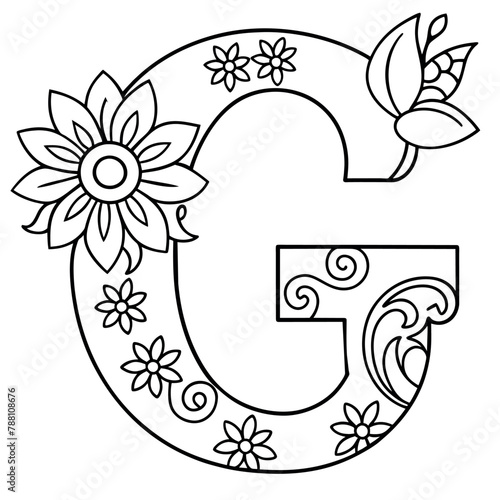 Alphabet G coloring page with the flower, G letter digital outline floral coloring page, ABC coloring page