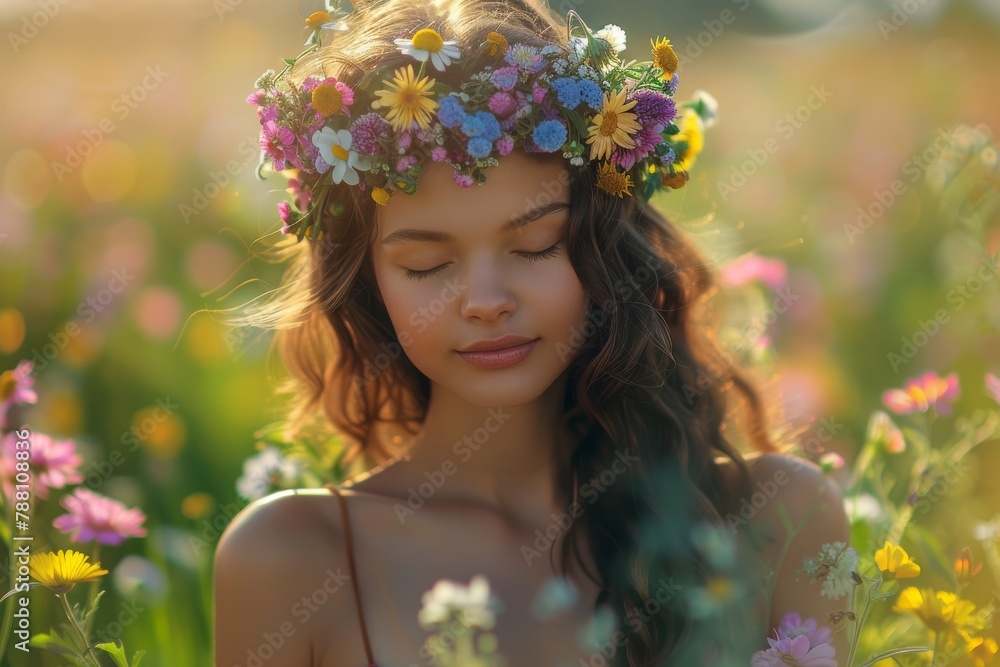Young woman with floral crown in sunlit field Young woman with floral crown in sunlit field