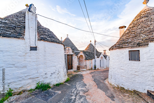 Trulli of Alberobello, Puglia, Italy. town of Alberobello with trulli houses among green plants and flowers