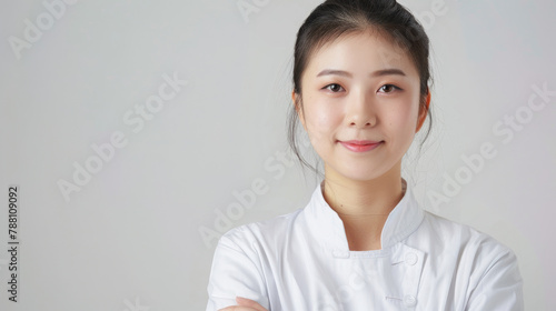Young friendly smiling Chinese female doctor in hospital with bright face and black hair wearing professional uniform clothes and stethoscope on white background created with Generative AI Technology
