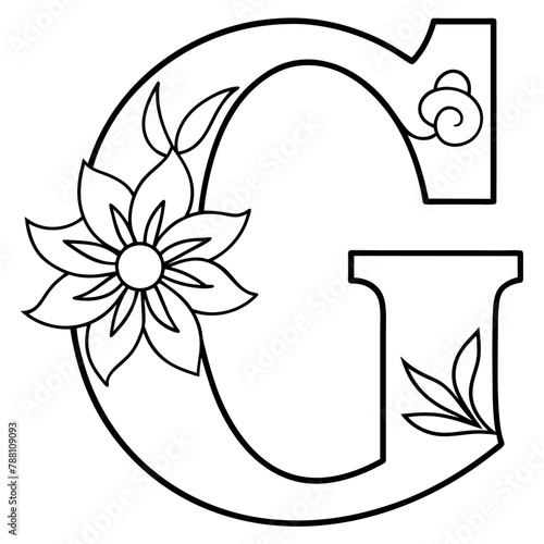 Alphabet G coloring page with the flower, G letter digital outline floral coloring page, ABC coloring page