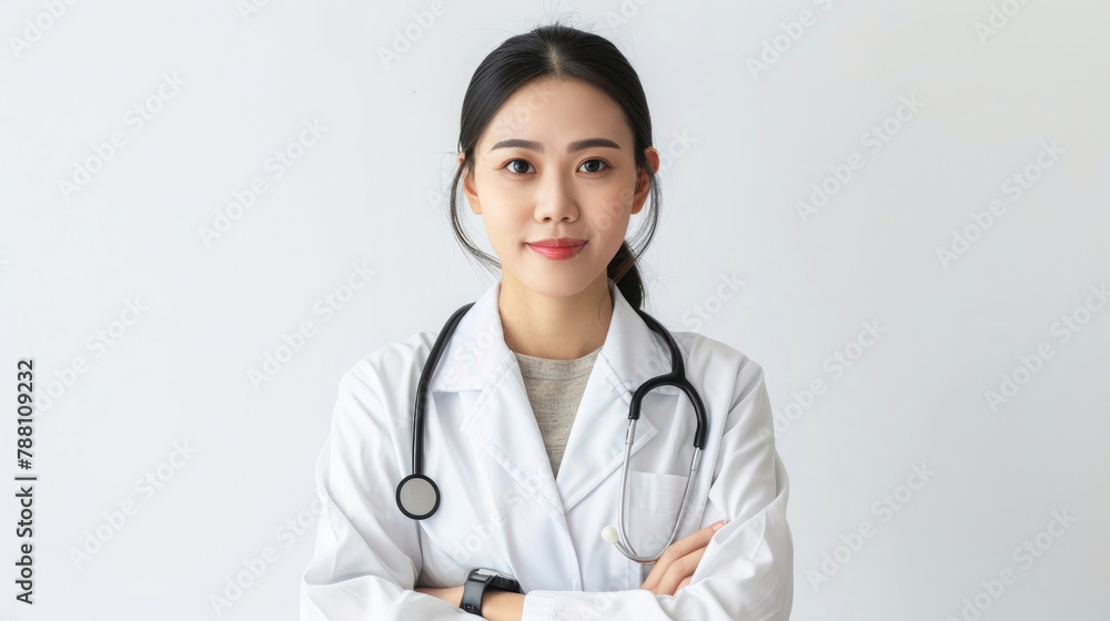 Young friendly smiling Chinese female doctor in hospital with bright face and black hair wearing professional uniform clothes and stethoscope on white background Young friendly smiling Chinese female doctor in hospital with bright face and black hair wearing professional uniform clothes and stethoscope on white background