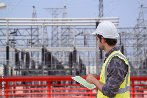 A male engineer in a hard hat and reflective vest reviews plans on a tablet at an industrial power plant.