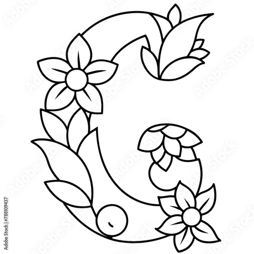 Alphabet G coloring page with the flower, G letter digital outline floral coloring page, ABC coloring page