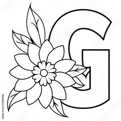 Alphabet G coloring page with the flower, G letter digital outline floral coloring page, ABC coloring page