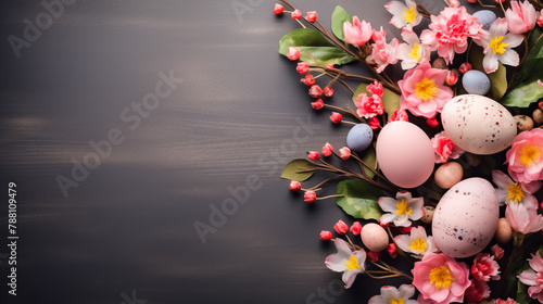 Easter greeting card with of eggs and flowers. Flat lay Easter composition with colorful eggs with space for text on a dark background