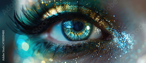 close-up magical sparkling eye makeup with a stunning combination of blue green on the iris complemented by a golden outline with long dark eyelashes 
