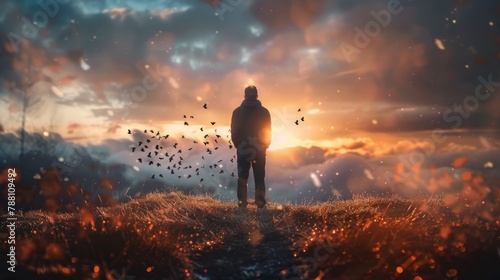 A lone figure stands contemplating as the sunset casts a warm glow and birds fly in the background