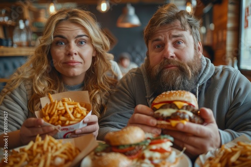 A couple makes playful expressions with a table full of burgers and fries in front of them