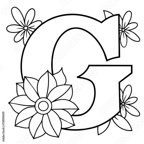 Alphabet G coloring page with the flower, G letter digital outline floral coloring page, ABC coloring page
