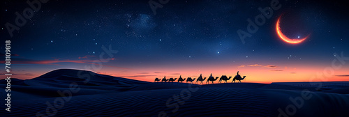  long line of camels with person against giant crescent moon in night sky in the middle of Sahara desert. Islamic New Year and Eid Al-Adha theme  photo