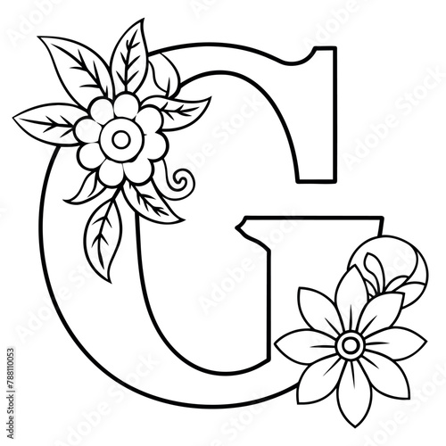 Alphabet G coloring page with the flower, G letter digital outline floral coloring page, ABC coloring page