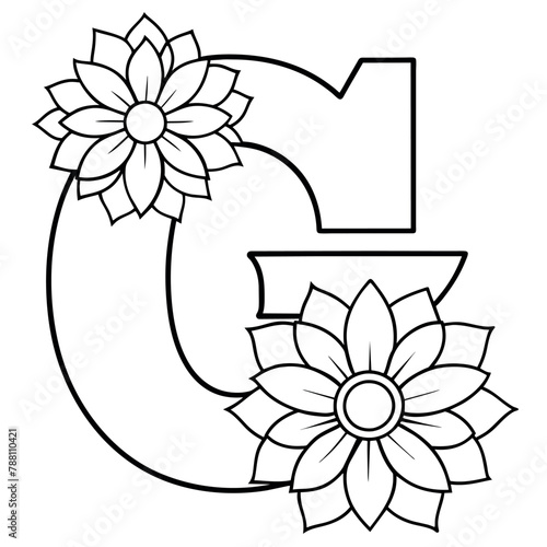 Alphabet G coloring page with the flower, G letter digital outline floral coloring page, ABC coloring page