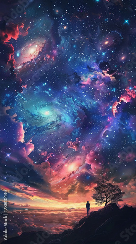 Nature under galaxy, surreal colors, space as backdrop, low angle, solitude essence