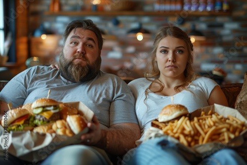 A couple with stunned faces sits on a couch  each holding a burger and a mountain of fries