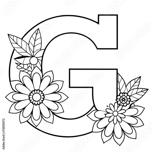 Alphabet G coloring page with the flower, G letter digital outline floral coloring page, ABC coloring page