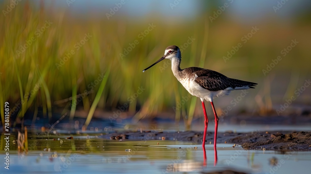 Obraz premium A long-legged bird wading in the mud of an open marshland, its head gracefully curved as it peeks for food.