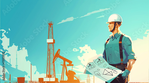 a man in a white helmet with a drawing stands near an oil rig