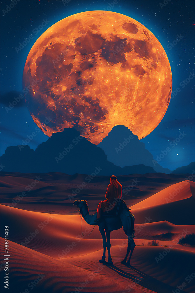 Fototapeta premium Islamic New Year and Eid Al-Adha theme with silhouette of person on camel against giant full moon at clear night in sahara desert