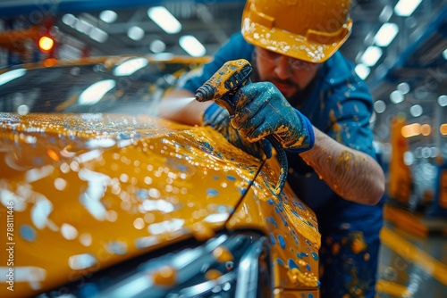 An engaging image of a car being meticulously spray painted by an unidentifiable mechanic in a workshop photo
