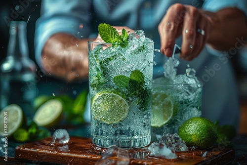 A skilled bartender's hands adding finishing touches to an iced mojito cocktail garnished with mint photo