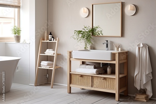 Peaceful Scandinavian Bathroom Concepts: Freestanding Sink, Soft Colors, Peaceful Design Paradise