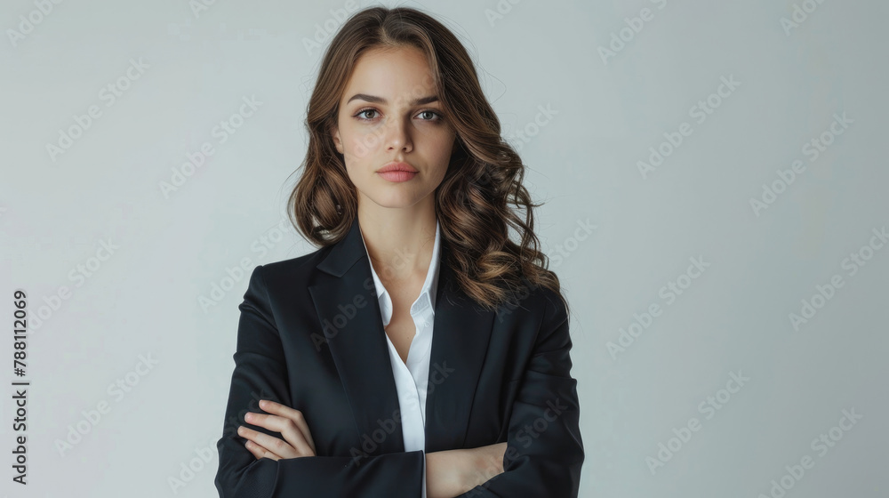 Professional Confident middle-aged businesswoman female in black suit with arms crossed standing isolated on white background Professional Confident middle-aged businesswoman female in black suit with arms crossed standing isolated on white background