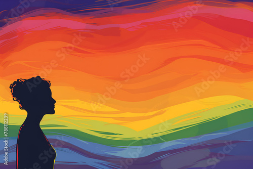 silhouette of a girl with a LGTBIQ flag in the background and copy space photo