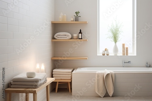 Serene Scandinavian Minimalist Bathroom: White Tiles and Peaceful Vibes © Michael