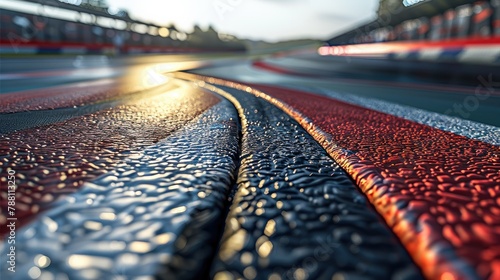 An asphalt race track, curving left, with tire marks and vibrant red and white curbstones. The background features dynamic race day elements like blurred moving race cars. Generative AI. photo