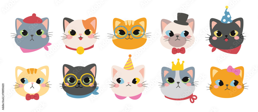 Cute and smile cat heads doodle vector set. Comic happy cat faces character design of different cat breed with flat color isolated on white background. Design illustration for sticker, comic, clipart. - obrazy, fototapety, plakaty 