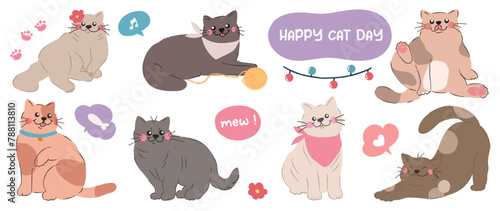 Cute cats and funny kitten doodle element vector. Happy international cat day characters design collection with flat color in different poses. Set of adorable pet animals isolated on white background.