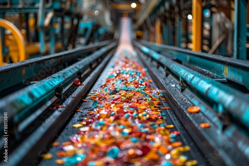 Vibrant assorted candies scattered on a conveyor belt in an industrial setting photo