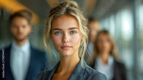 Happy diverse professional executive business team people looking at camera standing in office lobby hall. Multicultural company managers team portrait. Generative AI