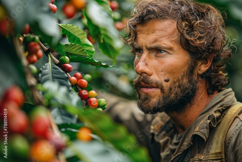 Close-up of a rugged man harvesting coffee beans with a thoughtful expression