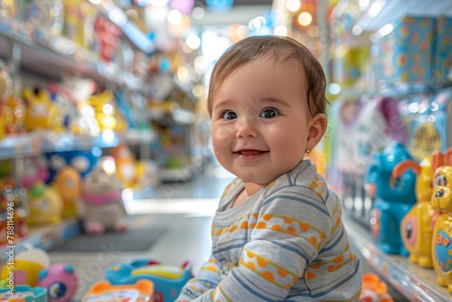 Cheerful baby seated among colorful toys showing an infectious smile in a toy store